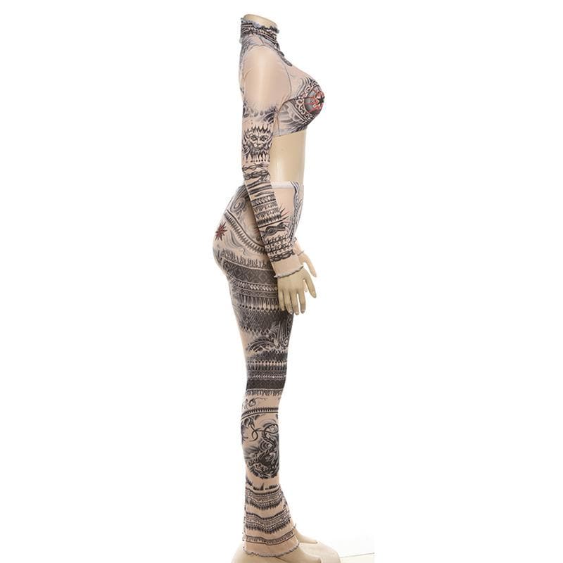 Second Skin Faux Tattoo Mesh Set | Crop Top & Flare Pants | Edgy Fall & Halloween Style