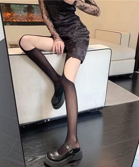 Edgy Two-Tone Illusion Cut-Out Tights | Fall & Halloween Fashion Statement