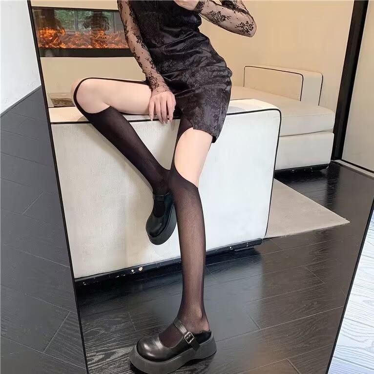 Edgy Two-Tone Illusion Cut-Out Tights | Fall & Halloween Fashion Statement