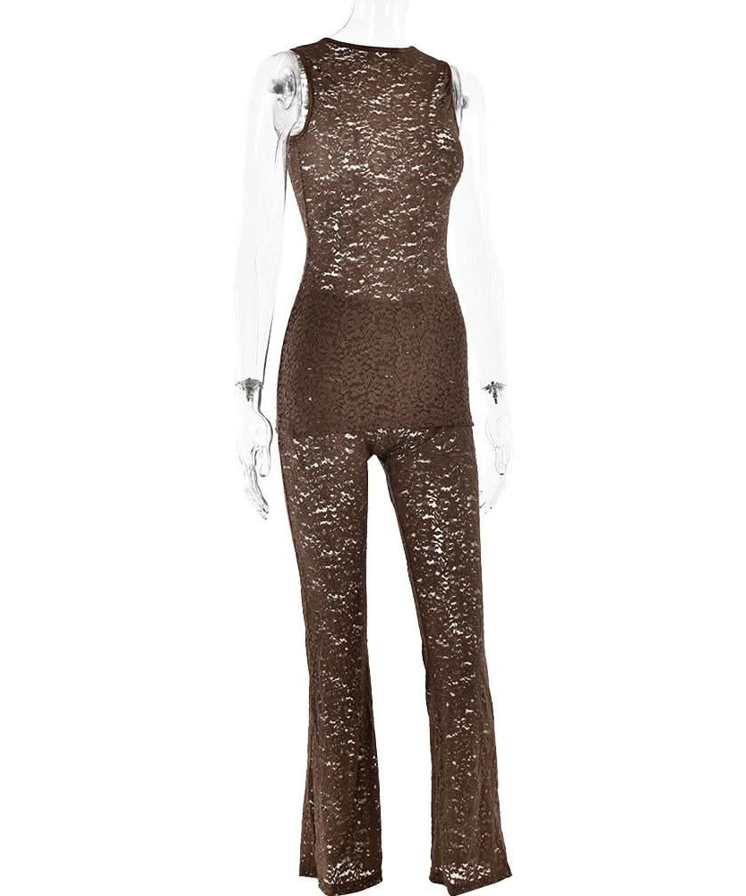 Effortless Elegance: Black Lace Sleeveless Top & Flared Pant Set for Fall & Holiday Glam