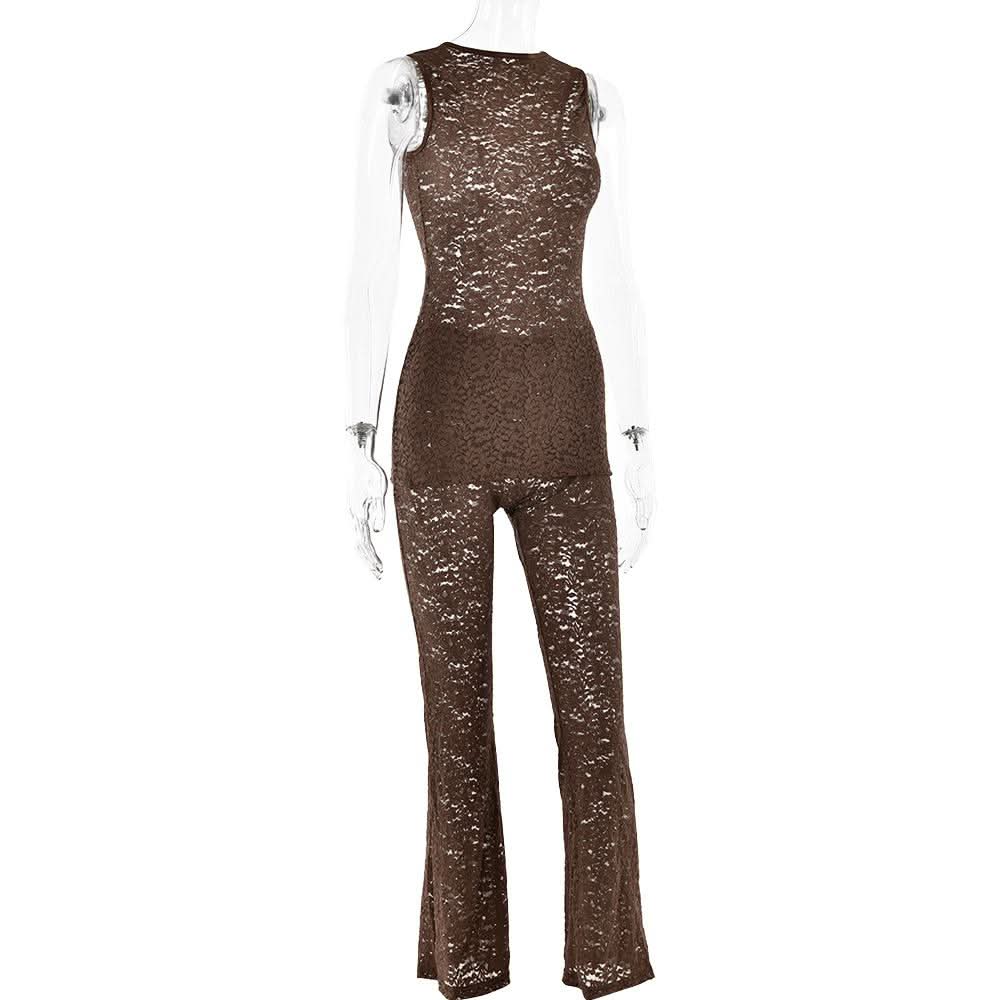 Effortless Elegance: Black Lace Sleeveless Top & Flared Pant Set for Fall & Holiday Glam
