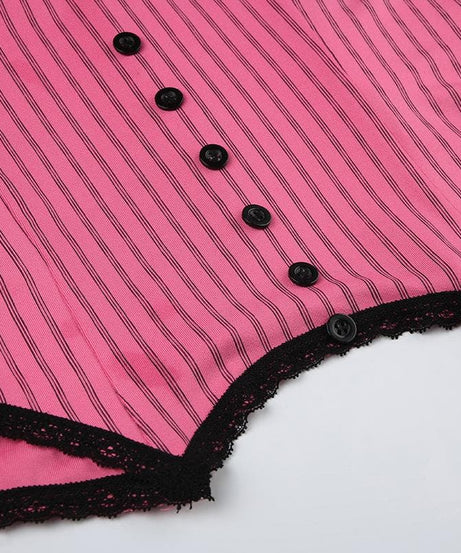 Pink Pinstripe Coquette Cami Top with Lace Trim & Bows - Fall Layering Essential