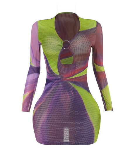 Sultry Plum & Olive Abstract Mesh Mini Dress with O-Ring Cutout | Fall Night Out