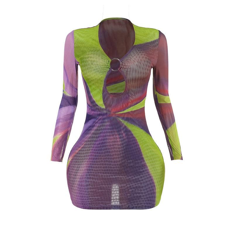 Sultry Plum & Olive Abstract Mesh Mini Dress with O-Ring Cutout | Fall Night Out