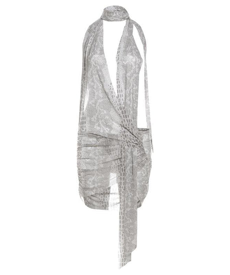 Unleash Your Fierce: Snakeskin Halter Ruched Mini Dress – Perfect for Halloween & Fall Nights Out
