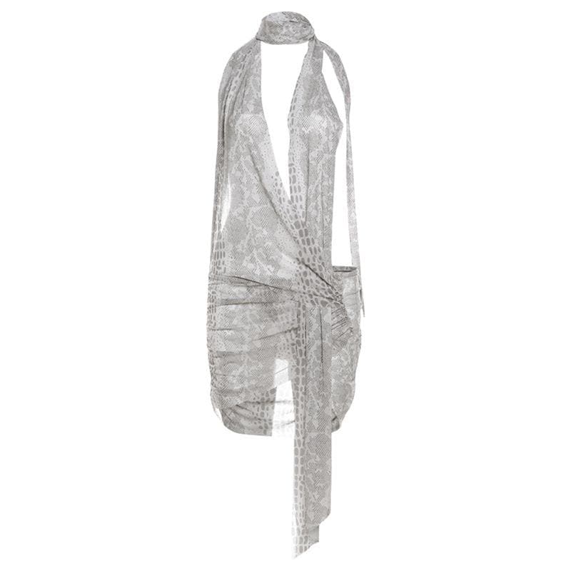 Unleash Your Fierce: Snakeskin Halter Ruched Mini Dress – Perfect for Halloween & Fall Nights Out