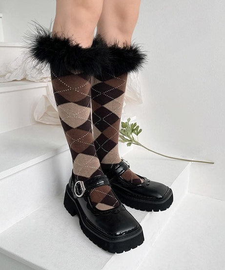 Cozy Chic Argyle Knee-High Socks with Faux Feather Trim | Fall & Holiday Style