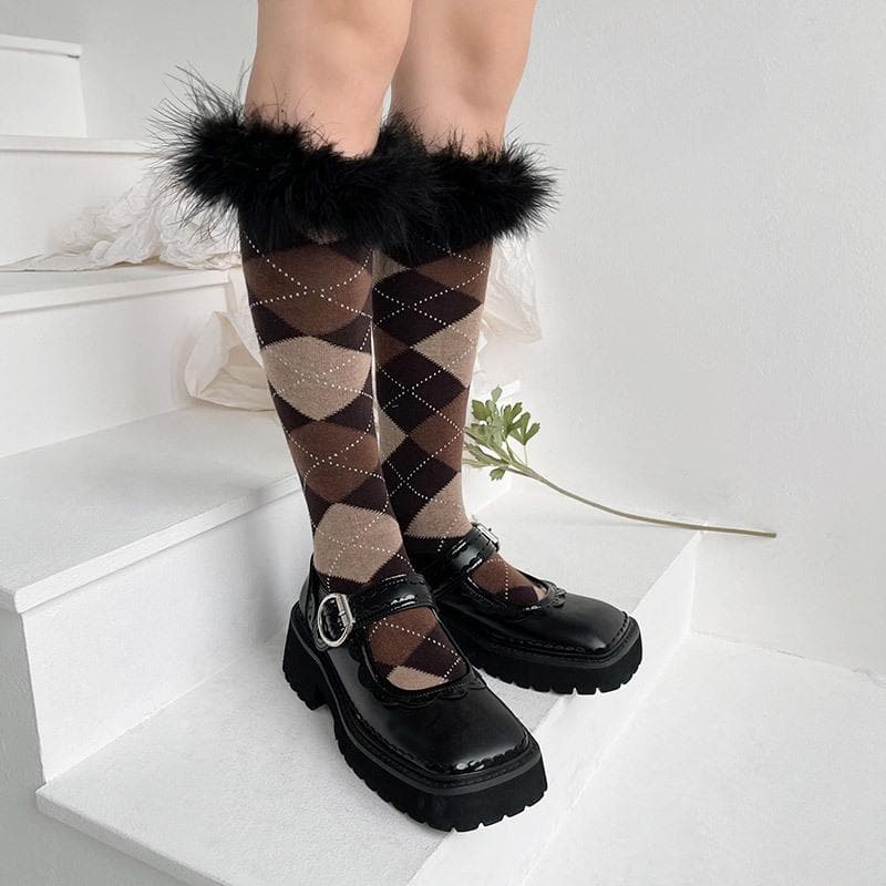 Cozy Chic Argyle Knee-High Socks with Faux Feather Trim | Fall & Holiday Style