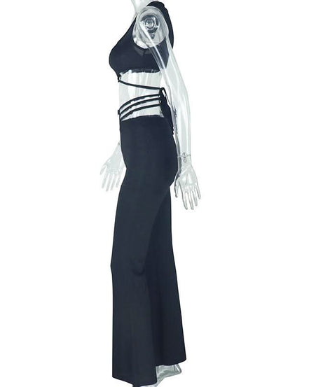Snatched & Chic: Black Square Neck Flared Jumpsuit with Transparent Lace-Up Waist – Fall & Holiday Must-Have