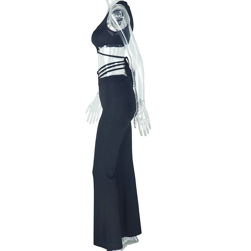 Snatched & Chic: Black Square Neck Flared Jumpsuit with Transparent Lace-Up Waist – Fall & Holiday Must-Have