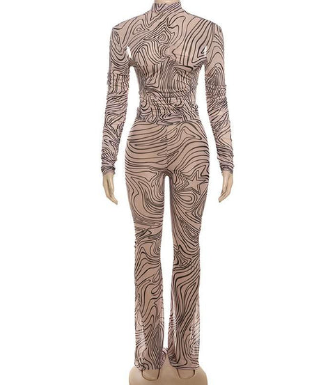 Fall Vibes Swirl Print Bodycon Set - High Neck Long Sleeve & Flared Pants