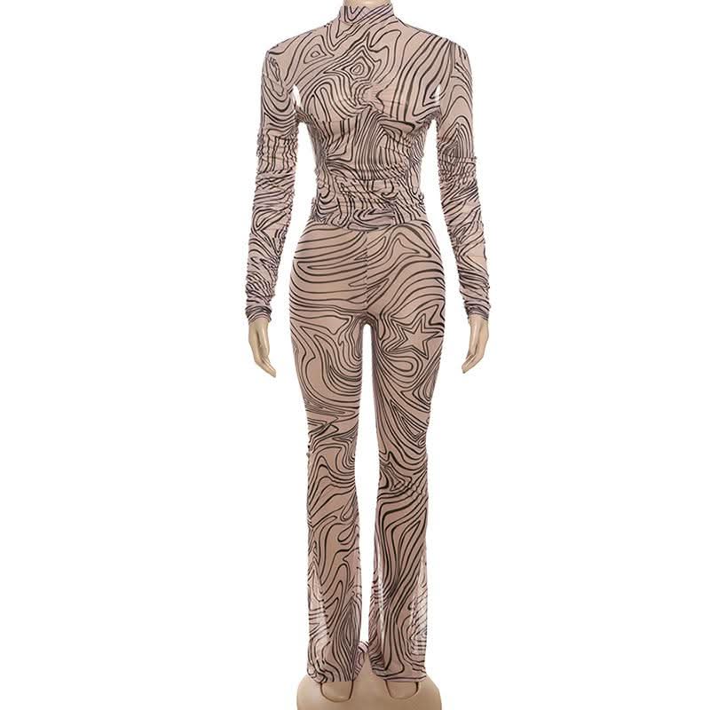 Fall Vibes Swirl Print Bodycon Set - High Neck Long Sleeve & Flared Pants