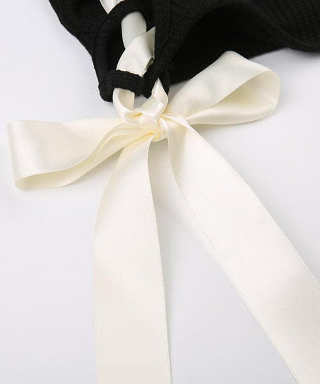 Coquette Charm: Black Bowknot Lace-Up Long Sleeve Crop Top | Chic Fall Cut-Out Style