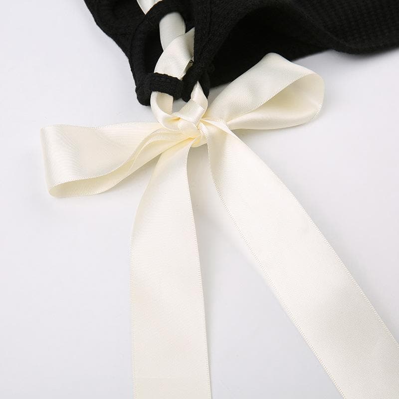 Coquette Charm: Black Bowknot Lace-Up Long Sleeve Crop Top | Chic Fall Cut-Out Style