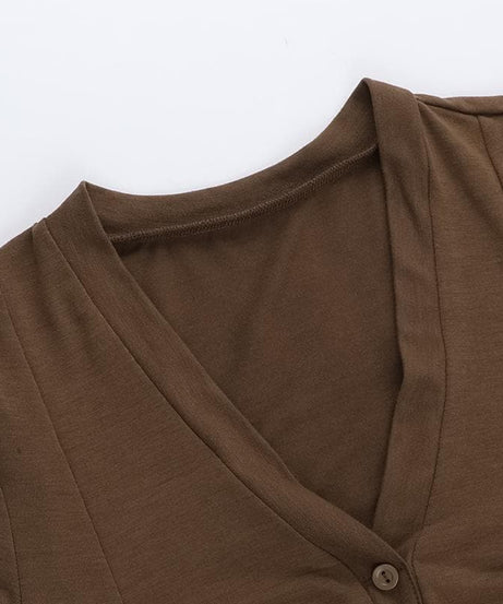 Women's Effortless Chic Mocha V-Neck Henley Crop Top - Your Essential Fall Layer