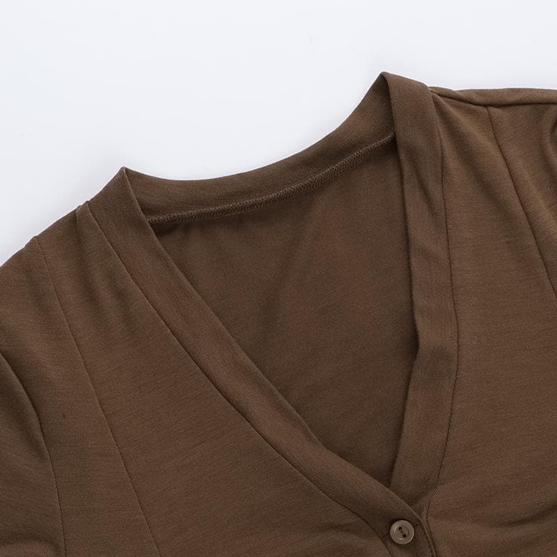 Women's Effortless Chic Mocha V-Neck Henley Crop Top - Your Essential Fall Layer