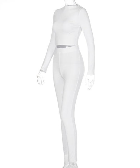 Cozy Chic White Long Sleeve Crop Top & High-Waisted Leggings Set - Your Fall/Winter Go-To!