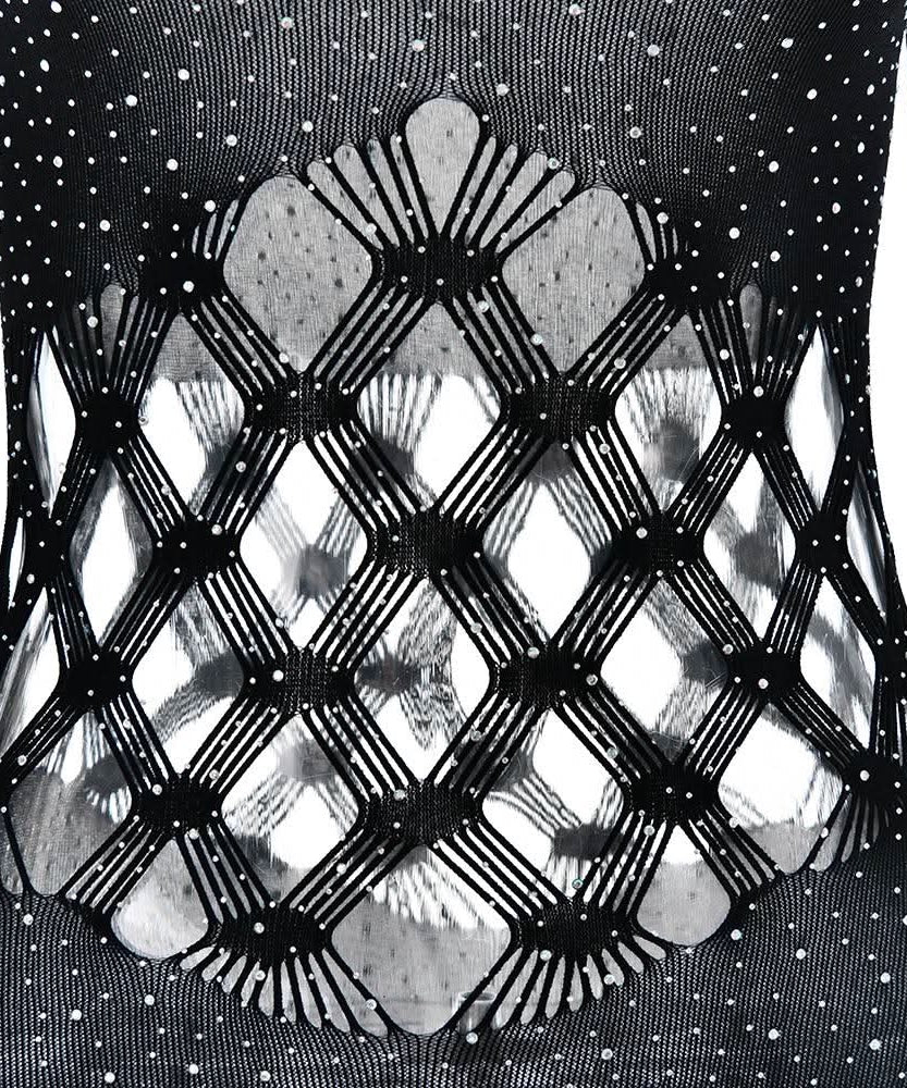 Halloween & Holiday Glam: Dazzling Rhinestone Fishnet Long Sleeve Romper