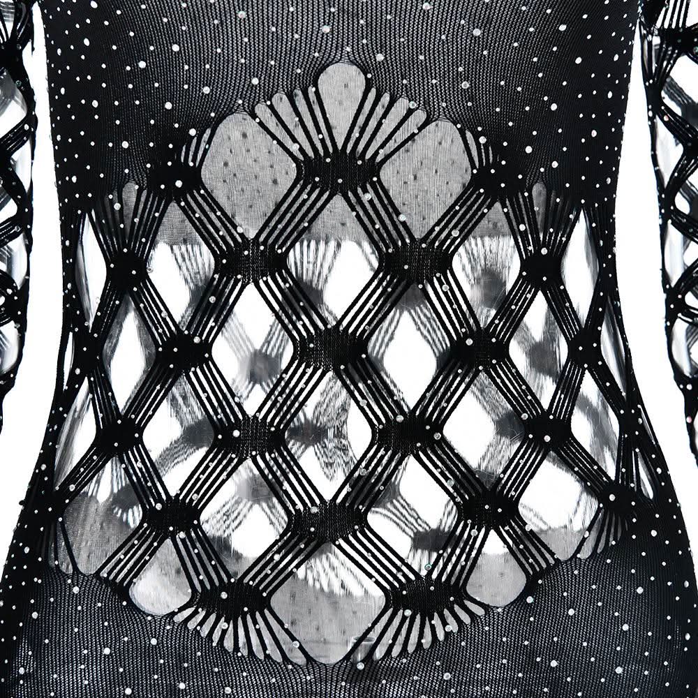Halloween & Holiday Glam: Dazzling Rhinestone Fishnet Long Sleeve Romper