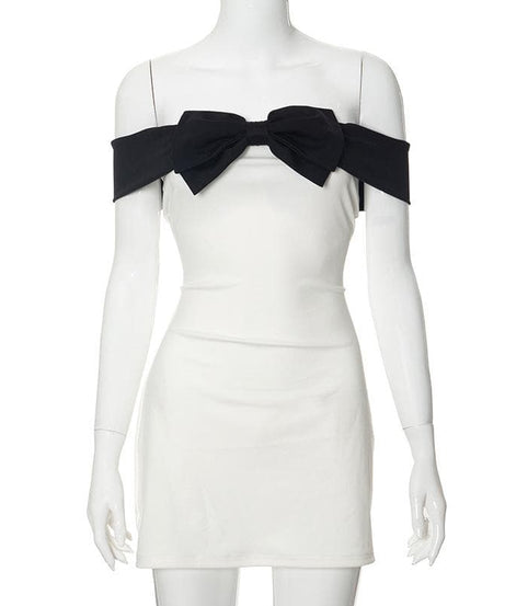 Elegant White Off-Shoulder Mini Dress with Statement Black Bow - Fall Party & Date Night Ready