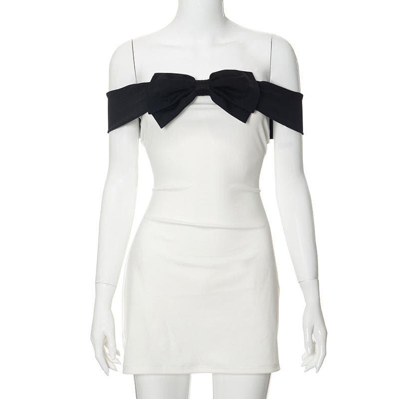 Elegant White Off-Shoulder Mini Dress with Statement Black Bow - Fall Party & Date Night Ready