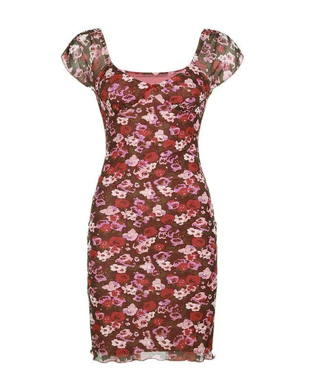 Flirty Fall Floral Mesh Mini Dress - Y2K Sweetheart Cap Sleeve Bodycon