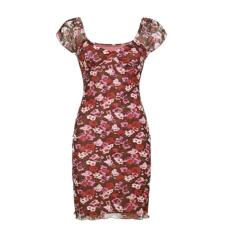Flirty Fall Floral Mesh Mini Dress - Y2K Sweetheart Cap Sleeve Bodycon