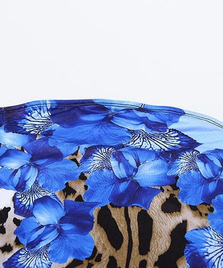 Daring Bloom: Blue Floral & Leopard Print Strapless Maxi Dress with High Slit – Fall & Holiday Glamour