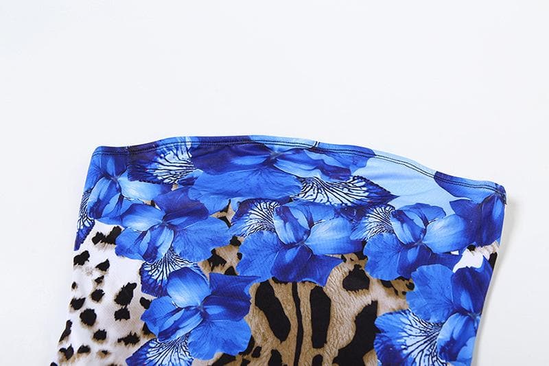 Daring Bloom: Blue Floral & Leopard Print Strapless Maxi Dress with High Slit – Fall & Holiday Glamour