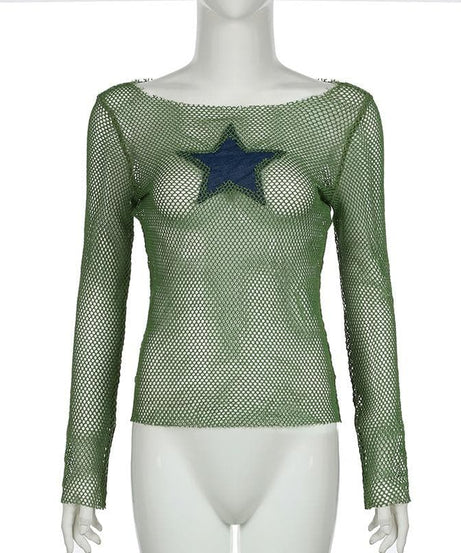 Y2K Grunge Star Mesh Long Sleeve Top - Edgy Fall Layering & Festival Chic for Women