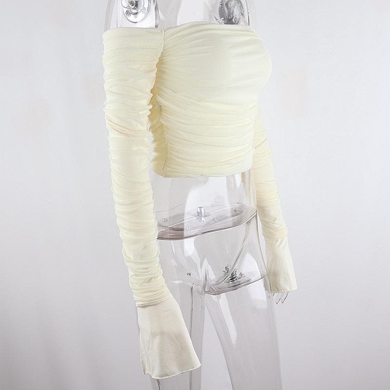 Chic Fall Nights: Black Off-Shoulder Ruched Crop Top with Slit Sleeves