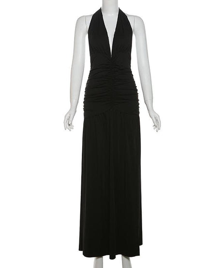 Alluring Black Halter V-Neck Ruched Backless Maxi Dress - Your Fall & Holiday Party Statement