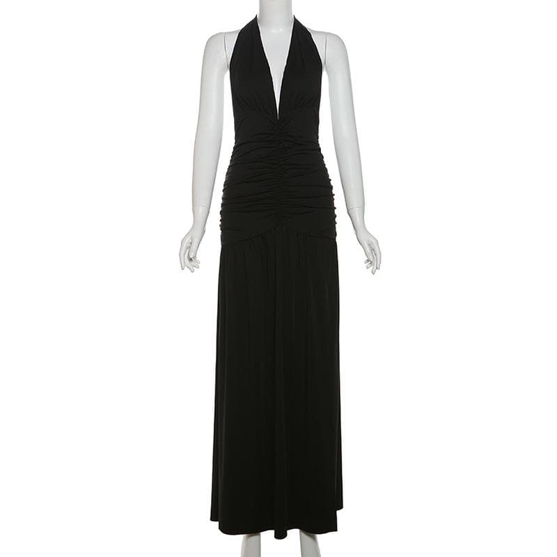 Alluring Black Halter V-Neck Ruched Backless Maxi Dress - Your Fall & Holiday Party Statement