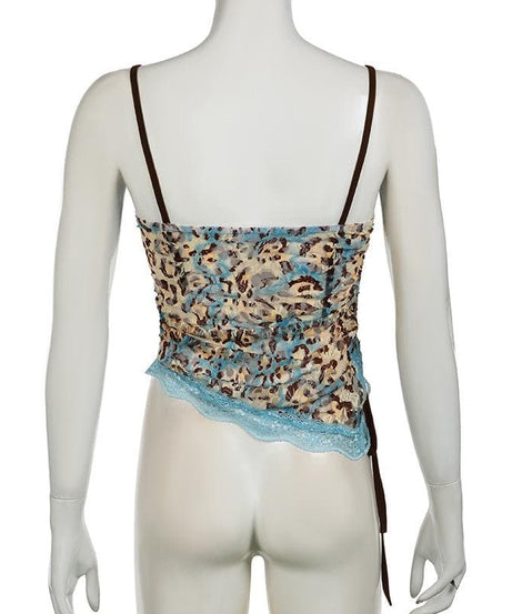 Edgy Blue Leopard Lace Cami Top - Y2K Ruched Spaghetti Strap for Fall Style