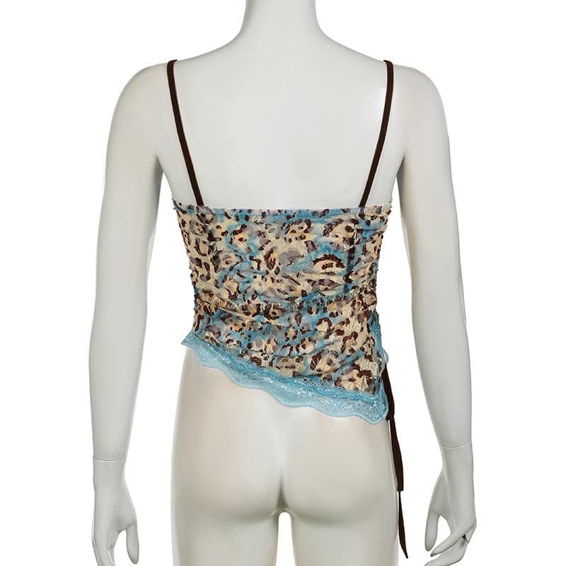 Edgy Blue Leopard Lace Cami Top - Y2K Ruched Spaghetti Strap for Fall Style