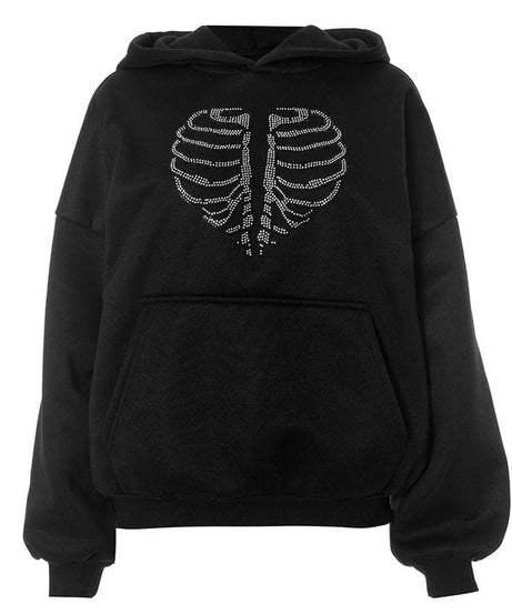 Spooky Chic Rhinestone Rib Cage Heart Hoodie - Cozy Oversized Fall & Halloween Fashion