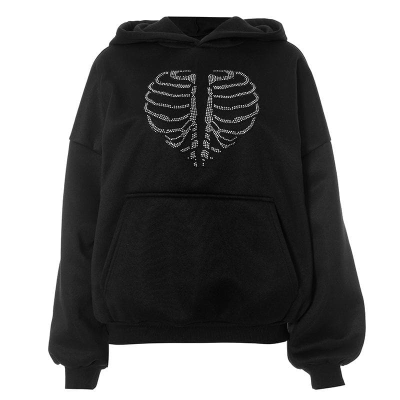 Spooky Chic Rhinestone Rib Cage Heart Hoodie - Cozy Oversized Fall & Halloween Fashion