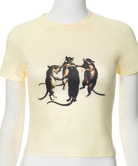 Whimsical Dancing Rats Graphic Crop Top - Unique Fall Fashion for Her