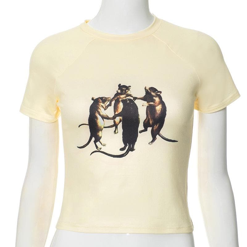 Whimsical Dancing Rats Graphic Crop Top - Unique Fall Fashion for Her