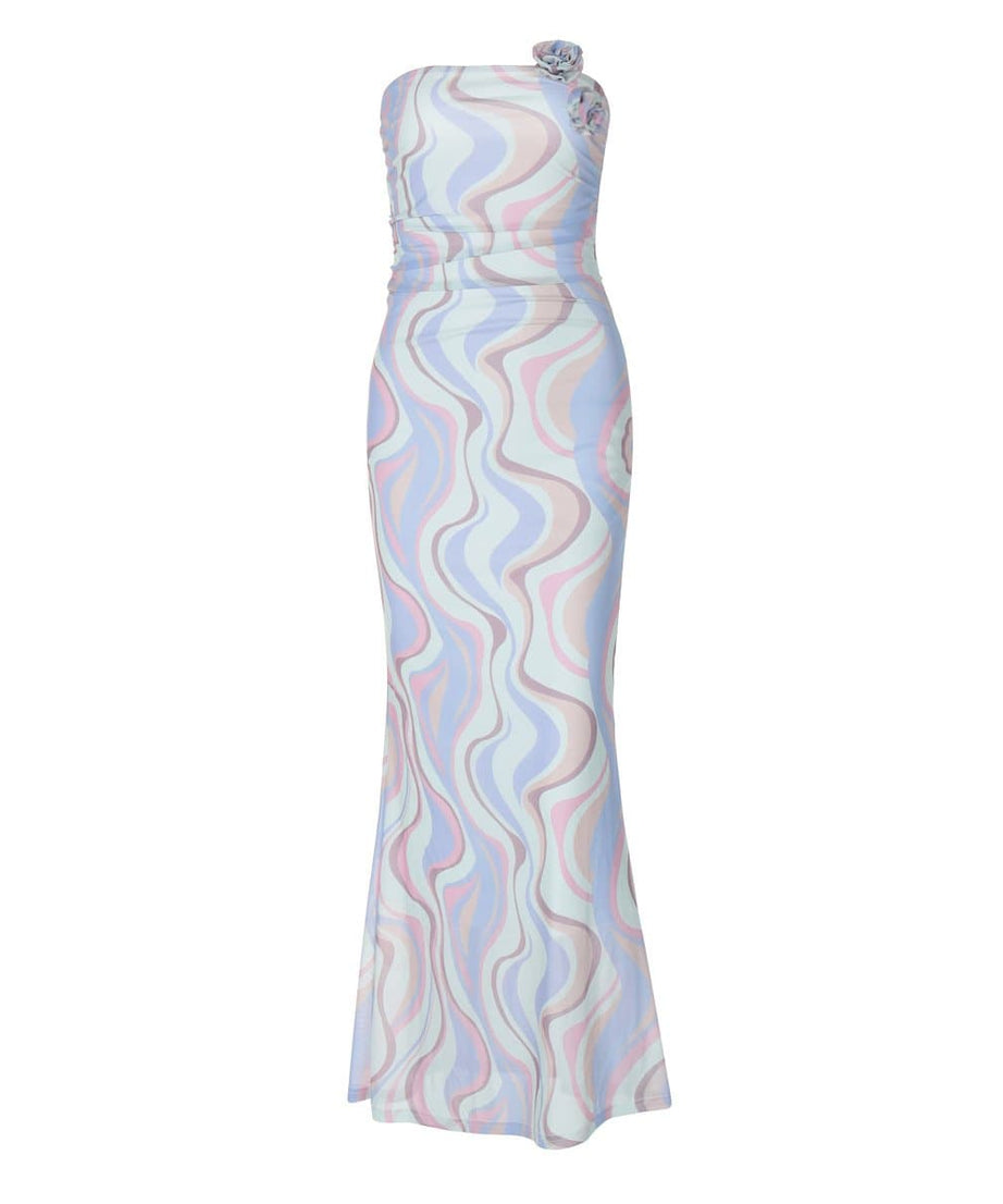 Groovy Pastel Wave Strapless Maxi Dress | Ruched Bodycon with Rose Applique | Resort & Holiday Ready