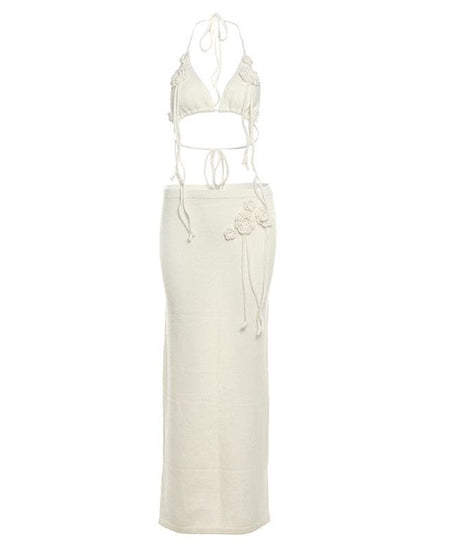 Boho Bloom Knit Halter Crop Top & Maxi Skirt Set - Cream Floral Two-Piece for Fall & Winter Getaways
