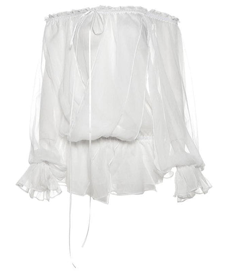 Romantic Sheer Off-Shoulder Blouse - Ethereal Ruffle Sleeve Top for Fall Evenings