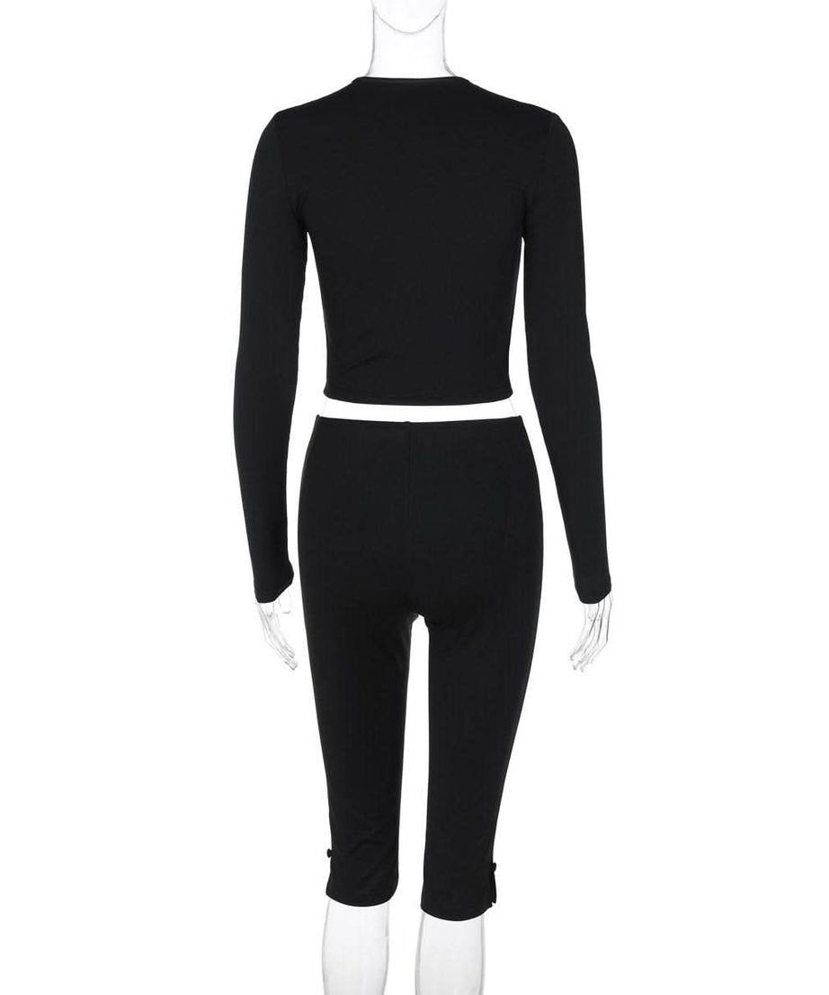 Effortless Fall Style: Black Ribbed Cutout Long Sleeve Crop Top & Capri Set