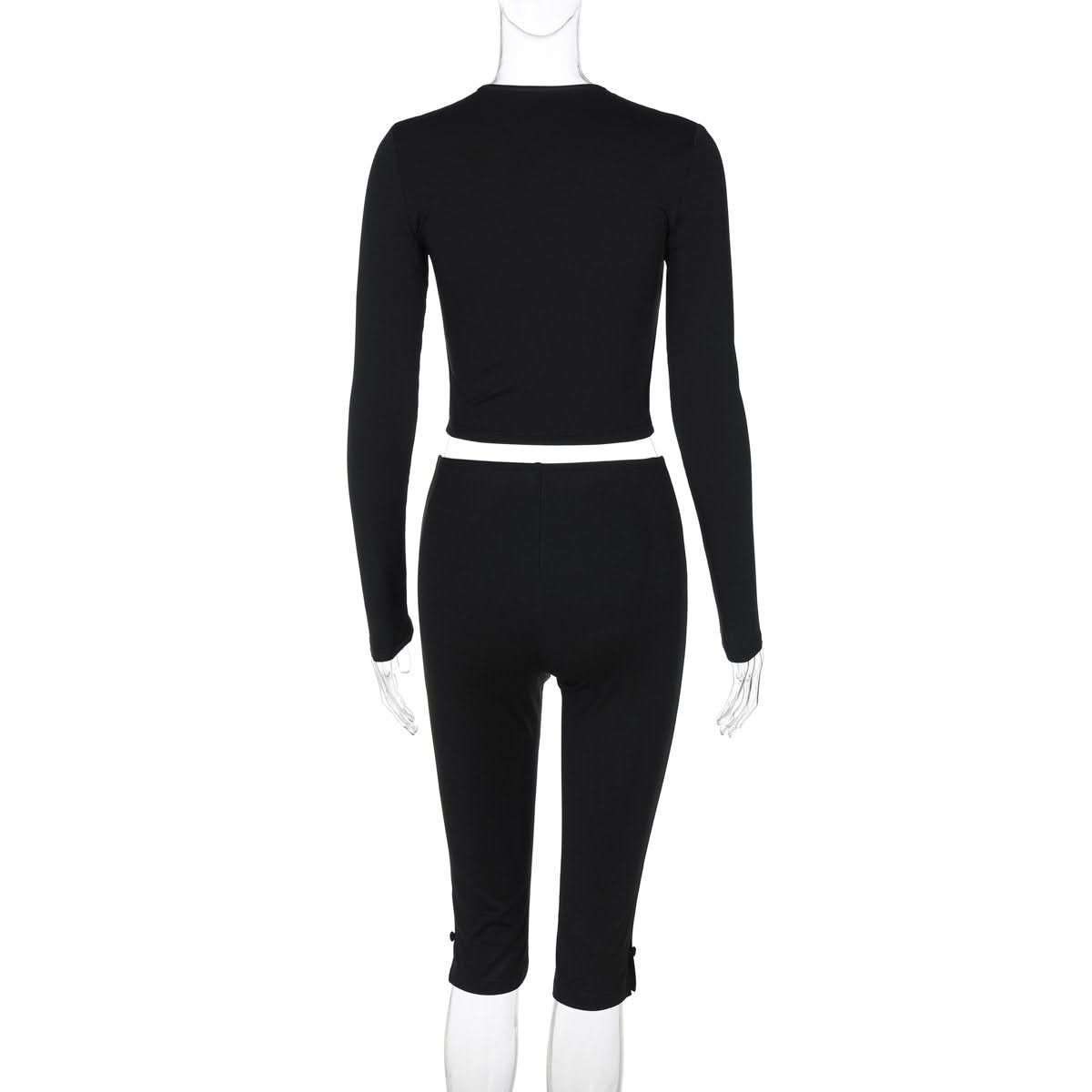 Effortless Fall Style: Black Ribbed Cutout Long Sleeve Crop Top & Capri Set