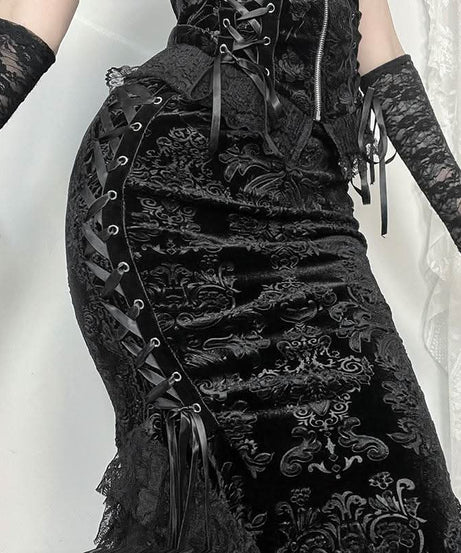 Enchanting Black Velvet Lace-Up Maxi Skirt | Gothic Fall & Halloween Statement Piece