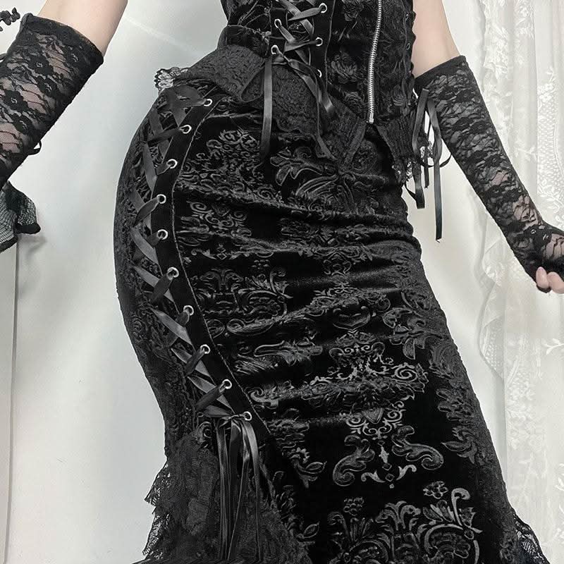 Enchanting Black Velvet Lace-Up Maxi Skirt | Gothic Fall & Halloween Statement Piece
