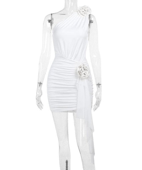 Chic White One-Shoulder Floral Ruched Mini Dress - Holiday Party & New Year's Eve Ready