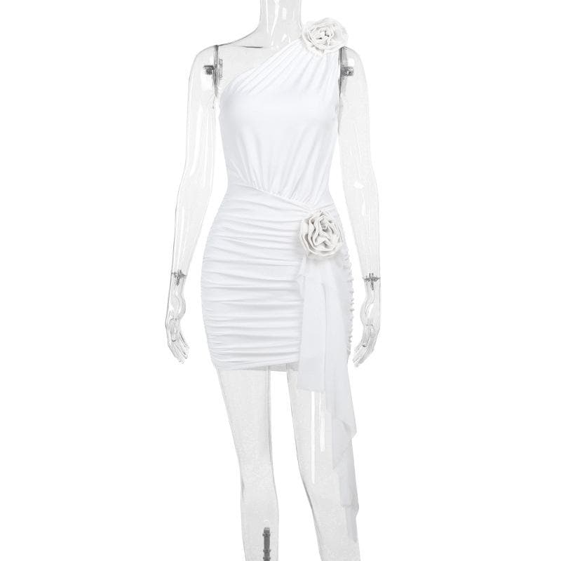 Chic White One-Shoulder Floral Ruched Mini Dress - Holiday Party & New Year's Eve Ready