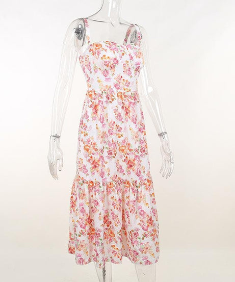 Enchanting Floral Ruched Midi Dress - Sweetheart Style for Fall Flair & Vacation Charm