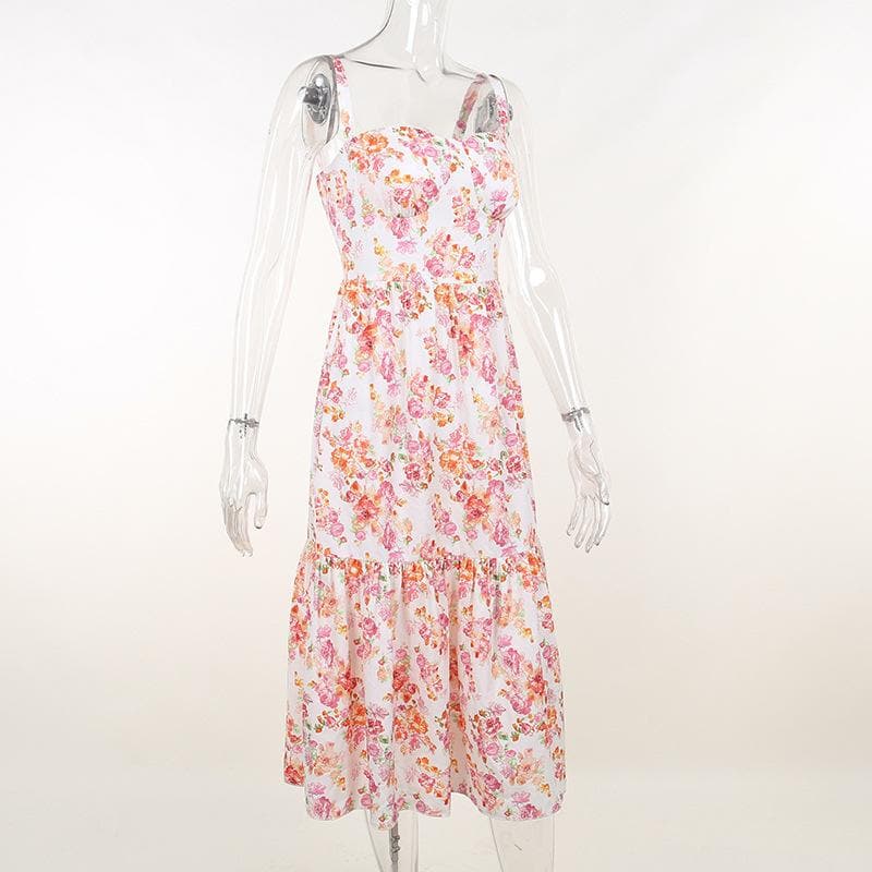 Enchanting Floral Ruched Midi Dress - Sweetheart Style for Fall Flair & Vacation Charm
